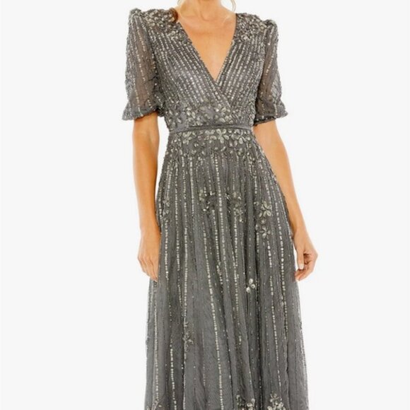 Mac Duggal Dresses & Skirts - Mac Duggal Pewter Sequin Embellished Puff Sleeve Cocktail Dress